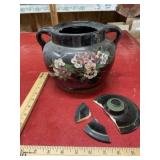 7x9 hand-painted bean pot crock with broken lid