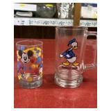 2 vintage glass mickey mouse + donald duck cups