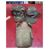 Vintage military gear plastic canteen and 2 hats