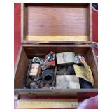 Vintage wooden box with vintage hardware contents