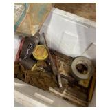 Old cooler with contents, hardware tools etc