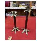 2 vintage metal Palm tree candlesticks 9 & 11