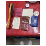 Mixed lot ephemera, shoe brush, etc.