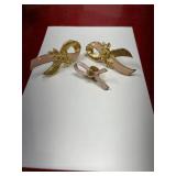 3 gold tone and pink enamel breast cancer ribbon