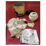 Vintage tin with tatting supplies sewing