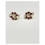 Vintage silver tone screw back earrings with red