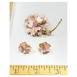 Gold tone and pink flower clip earrings and