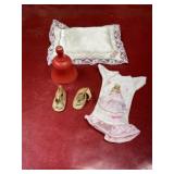 Vintage toy bell, doll clothes, etc