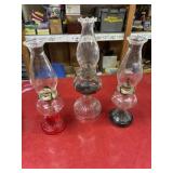 NO SHIP 3 vintage glass oil lamps with oil still