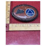 Vintage leather railroad locomotive belt buckle