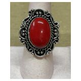 Size 7 German silver Red Coral ring