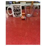 Humorous large coffee mug, Pyrex glass measure,