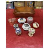 Assorted small trinket boxes in wooden deep tray,