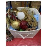 Box lot Christmas decor includes white cloth tote