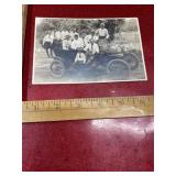 Real photo B&W people with antique car, letter on