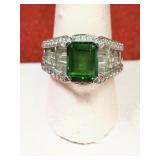 .925 silver ring with green gem and clear stones