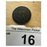 Antique 5 w Stylized Back Trade Token
