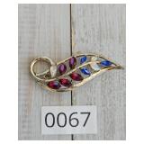 Red White and Blue Jeweled Leaf Brooch Pretty