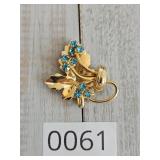 Blue Rhinestone Gold Tone Leaf Brooch