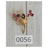 Mid Century Gold Tone Rhinestone Flower Brooch