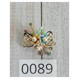 Enameled Faux Pearls and Rhinestone Floral Brooch