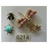 Vintage Insect Brooch Pin Lot Dragonfly Ladybug