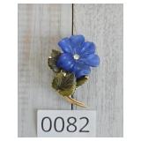 Carved Frosted Blue Flower and Leaves Brooch