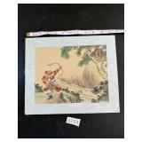 VTG Japanese Woodblock Print Man Shooting Monkey