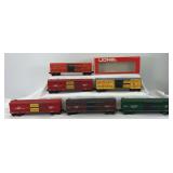 Lionel O Gauge 9437, 9448, two 9707 one in box, 9407, 9763 stock cars