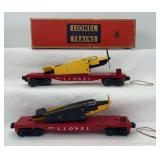 Two postwar Lionel O Gauge 6800 Flat Car with Airplane w/1 original box