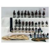 Collection of Painted Metal Military Figurines with Terrain Pieces