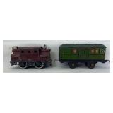 Prewar O Gauge Lionel 150 0-4-0 electric locomotive and American Flyer Great Northern 4-wheel mail car