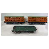 Prewar Lionel Standard Gauge 513 stock car, 512 gondola car, 513 stock car; freight trains
