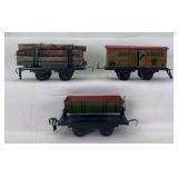 Group of three prewar Jos. Kraus & Co. Fandor O Gauge freight wagons Lowenbrau beer car, log car, tipping dump