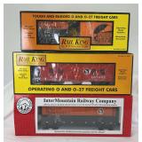 Modern Rail King O Gauge 30-7929 GN Rotary Snow Plow, 30-74395 GN rounded roof boxcar and InterMountain 25140-01 GN boxcar