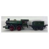 Prewar Bing Spur 1/Gauge One I = 48 key wind clockwork 0-4-0 steam locomotive and tender
