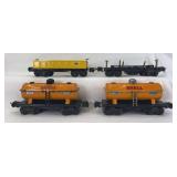 Prewar Lionel O Gauge 652 gondola, 3651 operating log, two 2654 orange Shell freight cars