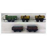 Group of five prewar Karl Bub K.B.N. O Gauge Shell tanks, hopper w/brakeman
