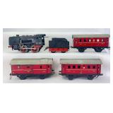 Fleischmann O Gauge 325 0-4-0 clockwork key wind steam loco and tender w/three passenger coaches