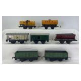 Group of seven German O Gauge lithographed tinplate freight wagons tank ore coal Western Germany