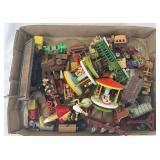 Group of German/European themed wooden toys, figures, vehicles, Merry Go Rounds, layout, diorama