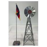 Large scale galvanized tin windmill and German flag pole on stand