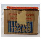 Postwar Lionel O Gauge No. 1020 90 degree crossover and Type RW 110 watts transformer in original boxes