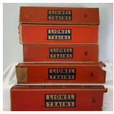 Five postwar Lionel O Gauge passenger car boxes; 2530, 2531, 2532, 2530, 2531