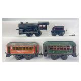 Prewar Bub/Bing O Gauge lithographed tinplate 0-4-0 steam locomotive 4 wheel tender two passenger cars