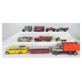Group of tinplate, cast iron, pressed steel, die-cast metal busses, trucks, cars