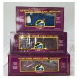 Modern MTH O Gauge 20-9821 NYC snow plow, 20-90006a GN SS stockcar, 20-98993 Long Island Jordan Spreader in box