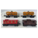 Prewar Lionel O Gauge 2654 Shell tank, 2682 caboose, 2654 Shell tank, 2672 Pennsylvania caboose