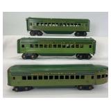 Prewar American Flyer 1936 O Gauge streamline two-tone green passenger cars, two 1621, one 1622