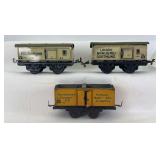 Group of three prewar Karl Bub K.B.N. O Gauge box goods wagons Milchwagen, Union-Brauerei Dortmund, Internationale Transport